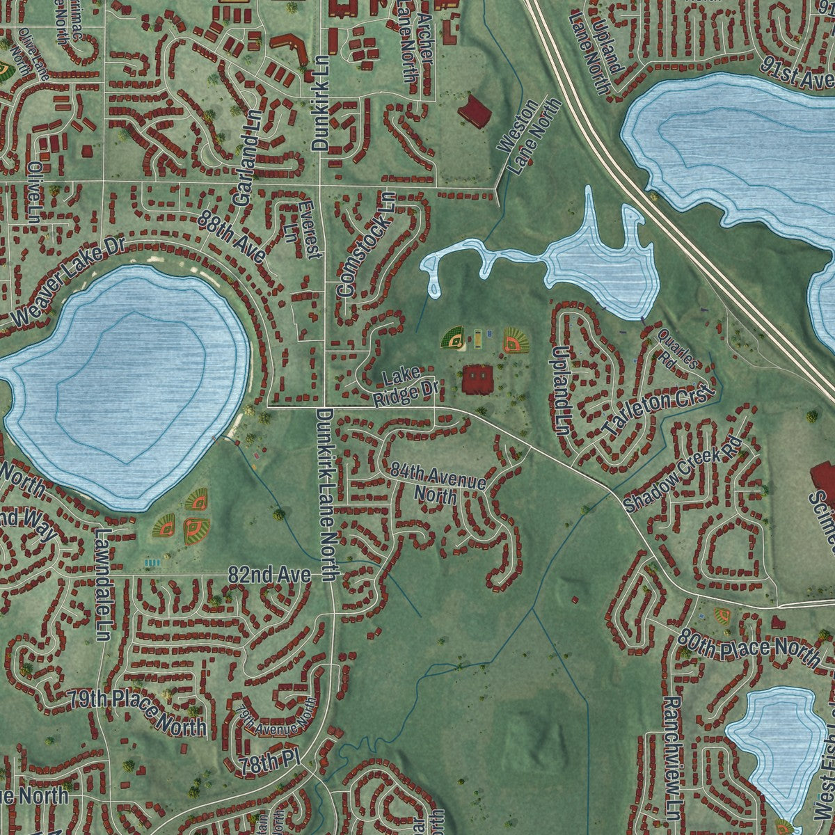 Second close-up of the map of Maple Grove, Minnesota print showing more streets and buildings