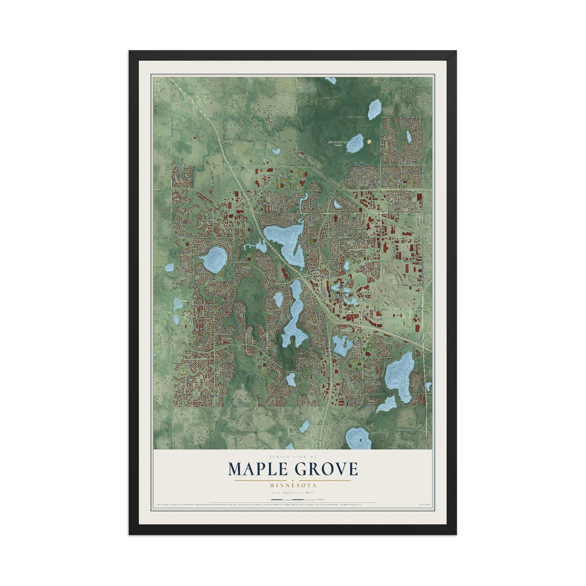 Map of Maple Grove, Minnesota, 12 x 18 inch print in a black wood frame