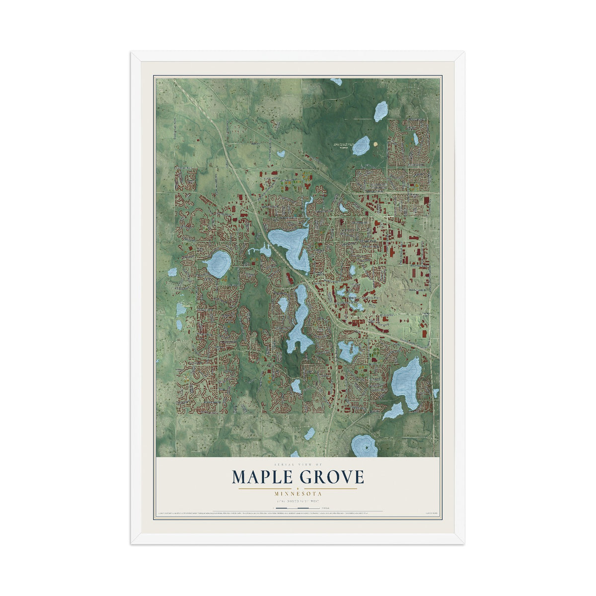 Map of Maple Grove, Minnesota, 12 x 18 inch print in a white wood frame