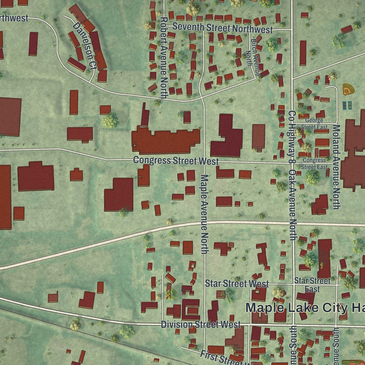 Close-up of the map of Maple Lake, Minnesota print showing street and building detail