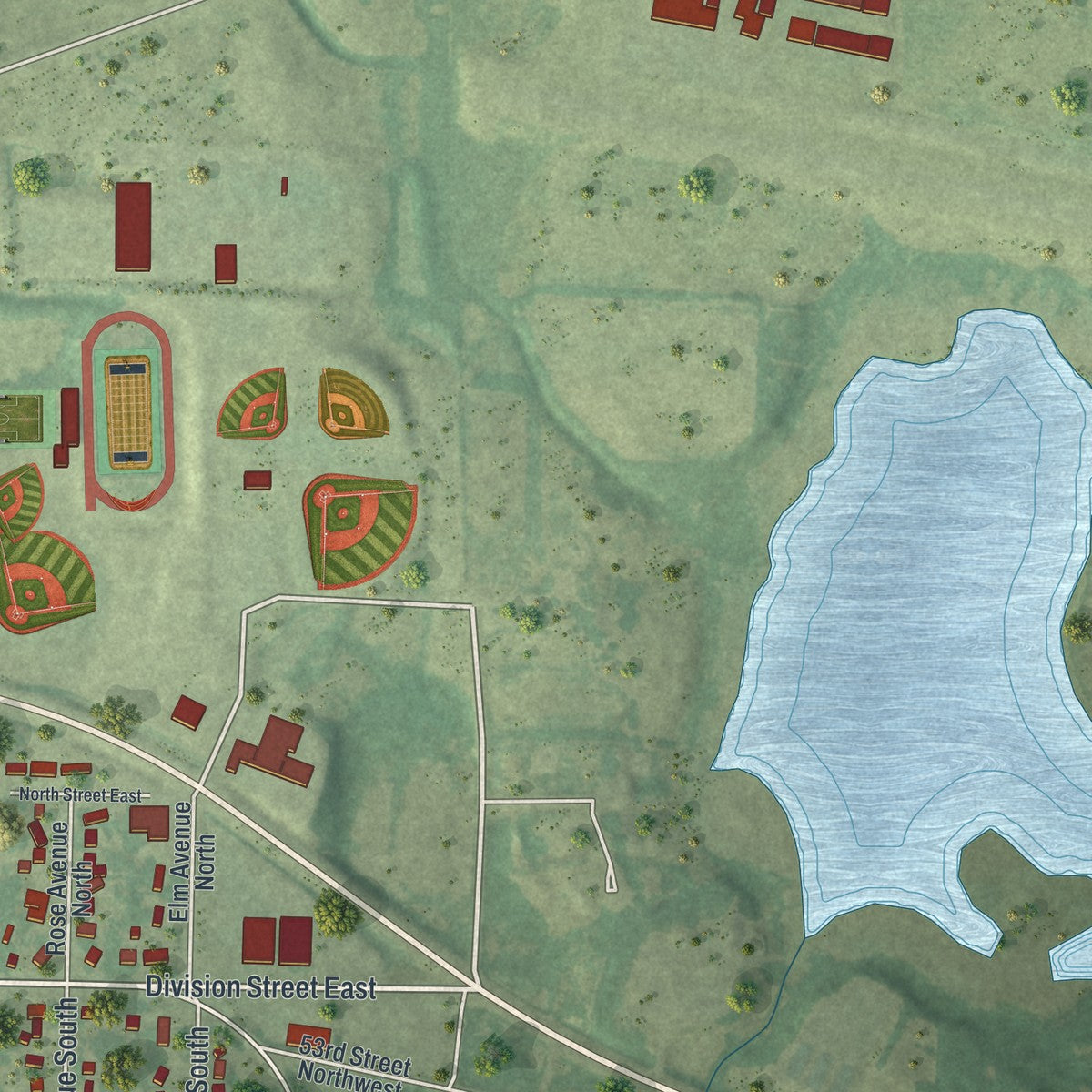 Second close-up of the map of Maple Lake, Minnesota print showing more streets and buildings