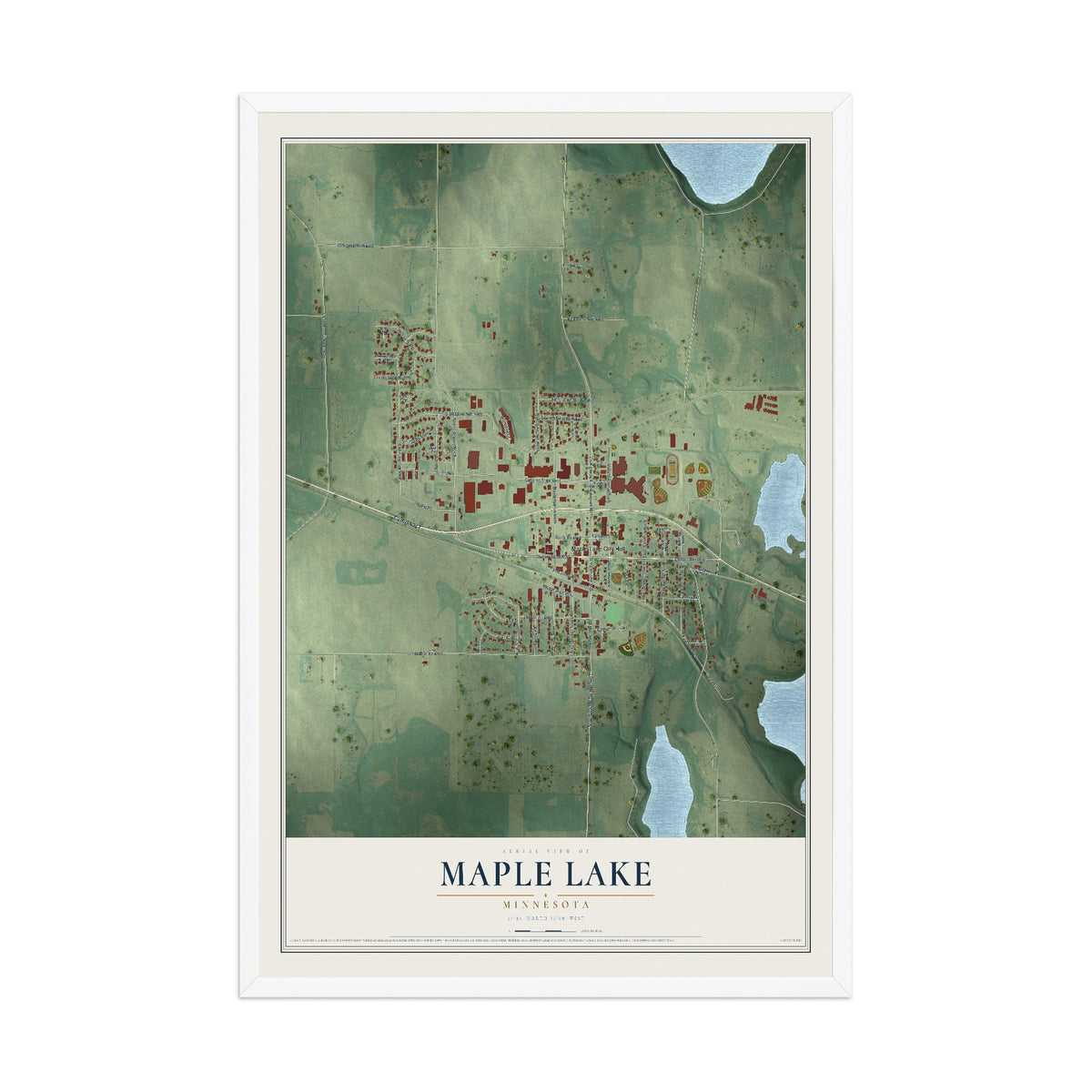 Map of Maple Lake, Minnesota, 12 x 18 inch print in a white wood frame