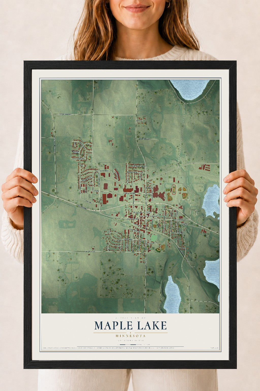 Map of Maple Lake, Minnesota, 18 x 24 inch print in a black wood frame