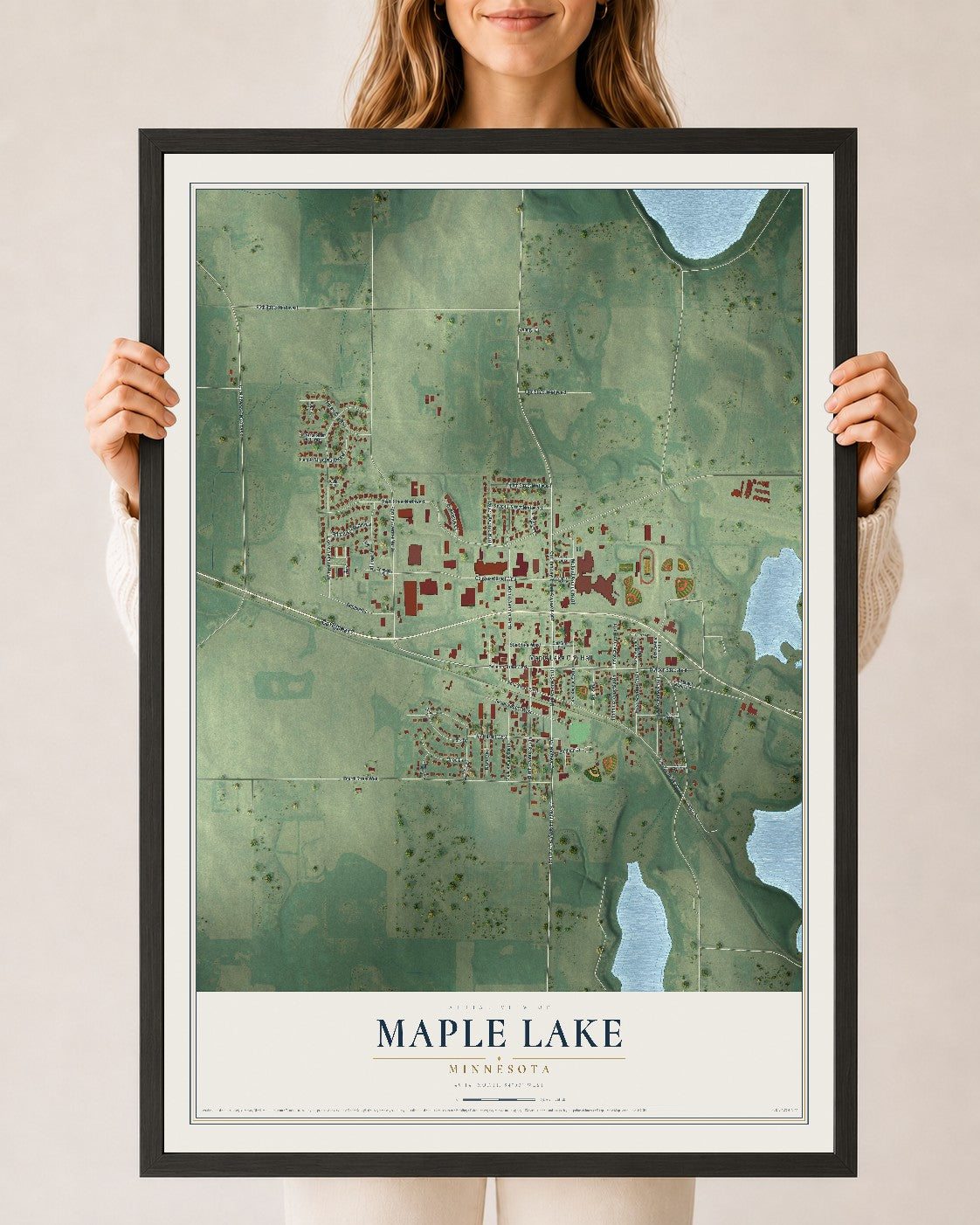 Map of Maple Lake, Minnesota, 24 x 36 inch print in a black wood frame