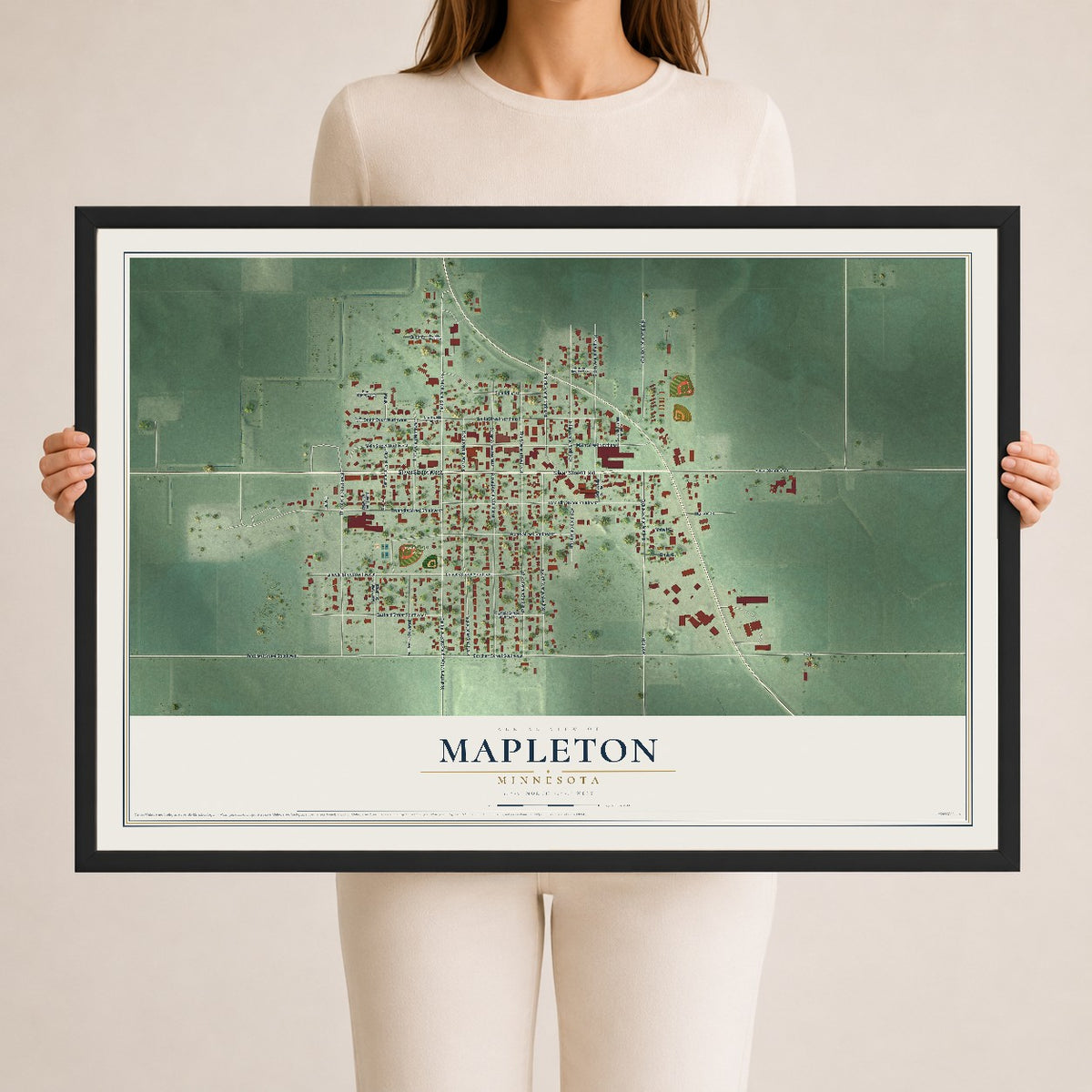 Map of Mapleton, Minnesota, 24 x 36 inch print in a black wood frame