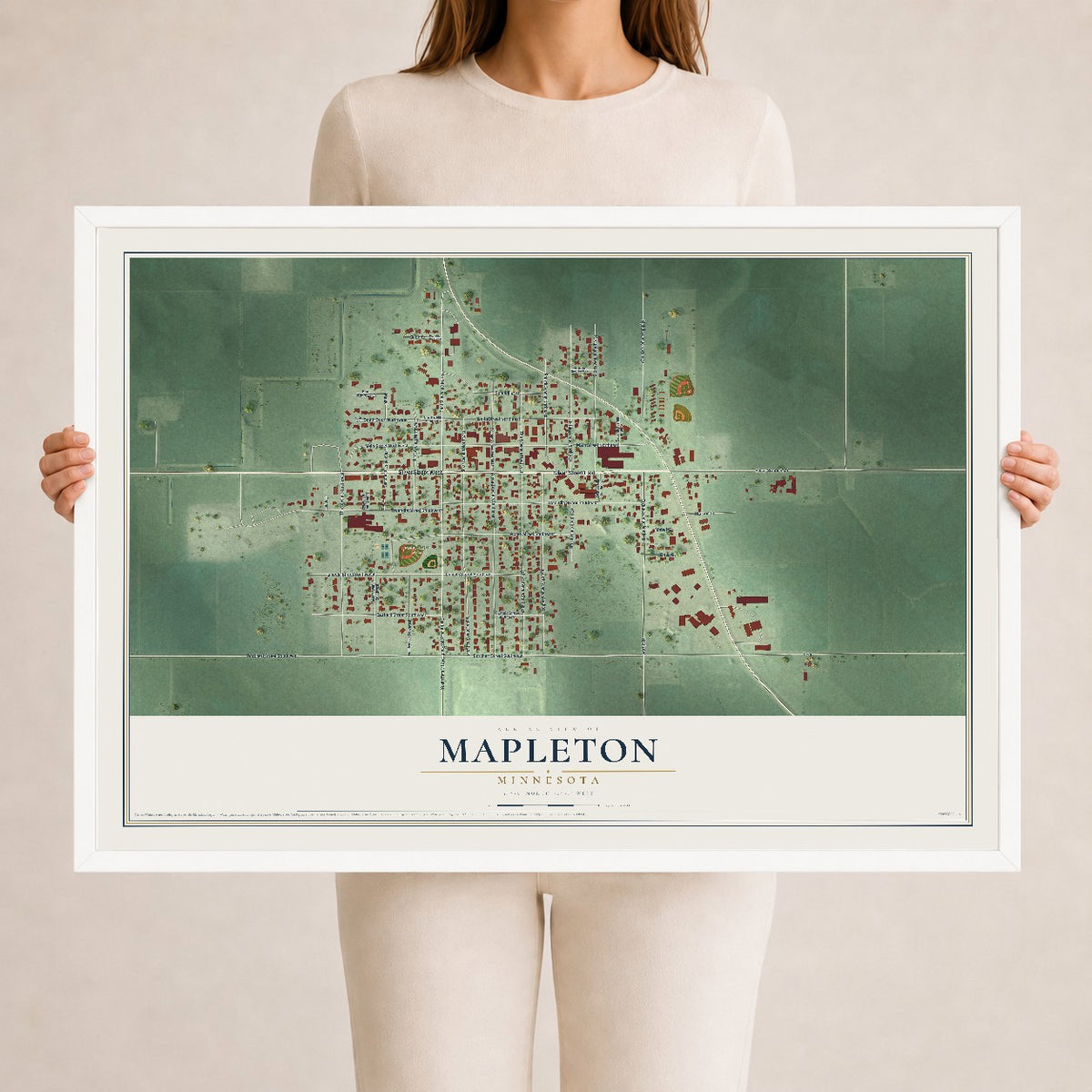Map of Mapleton, Minnesota, 24 x 36 inch print in a white wood frame