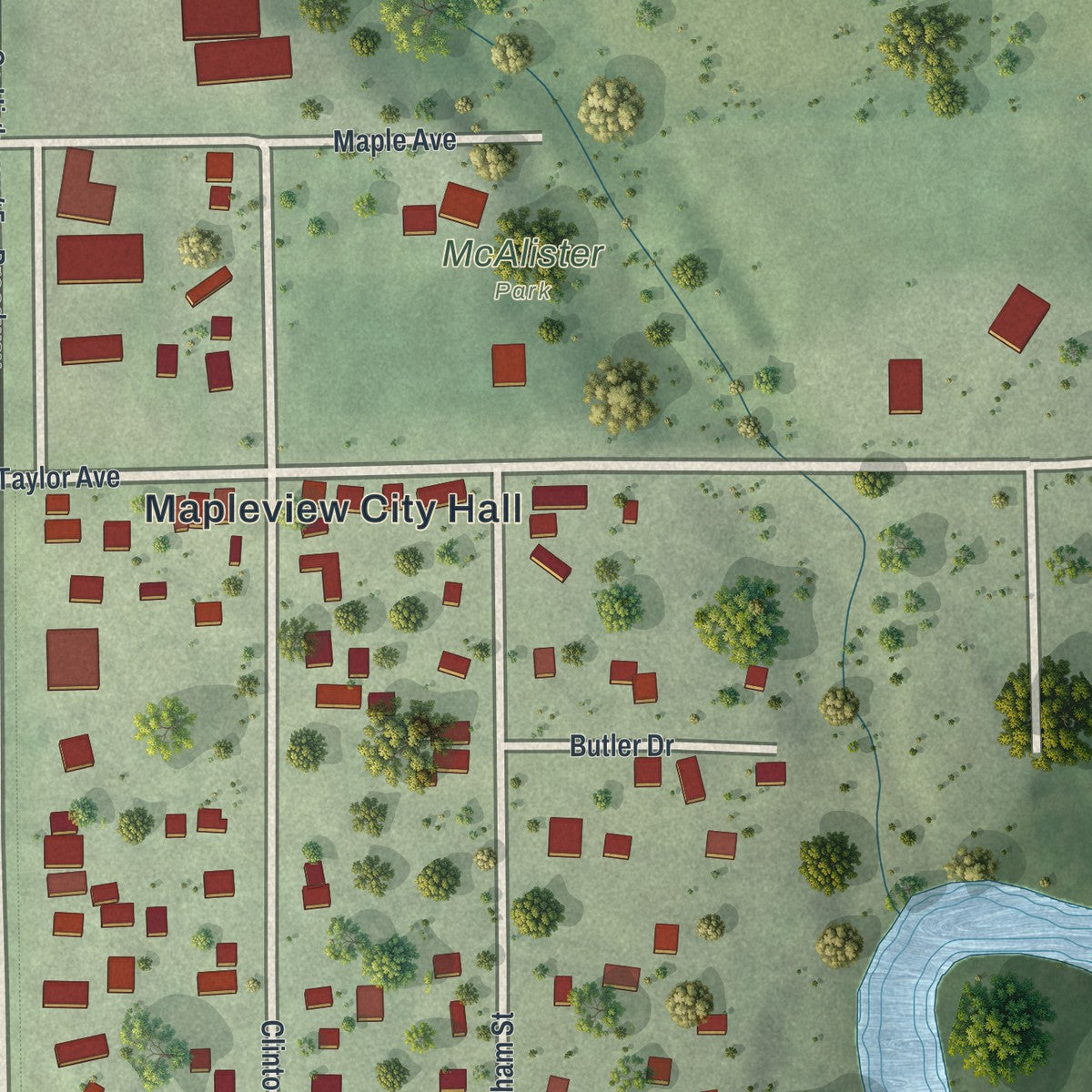 Close-up of the map of Mapleview, Minnesota print showing street and building detail