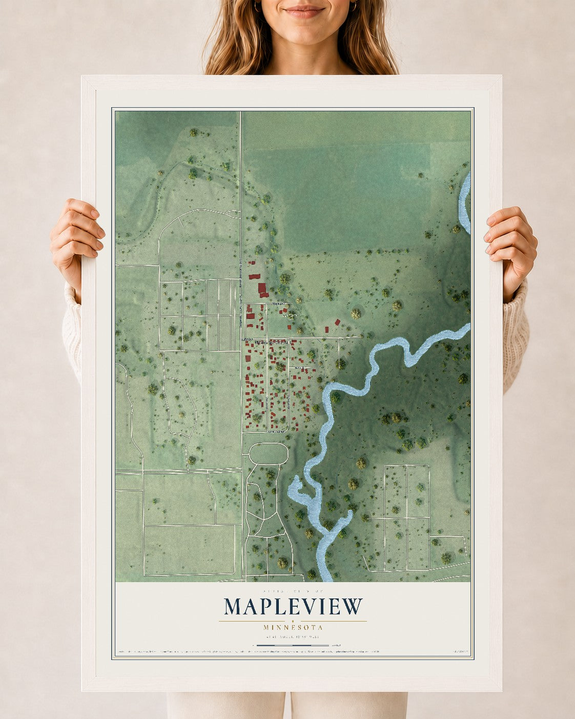 Map of Mapleview, Minnesota, 24 x 36 inch print in a white wood frame