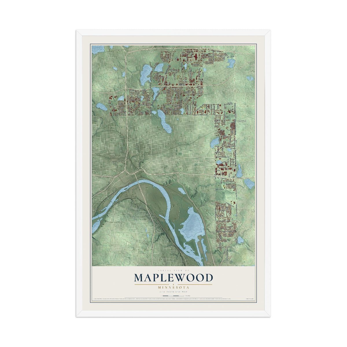 Map of Maplewood, Minnesota, 12 x 18 inch print in a white wood frame