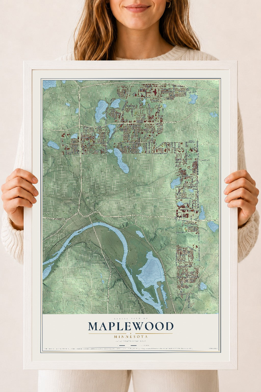 Map of Maplewood, Minnesota, 18 x 24 inch print in a white wood frame
