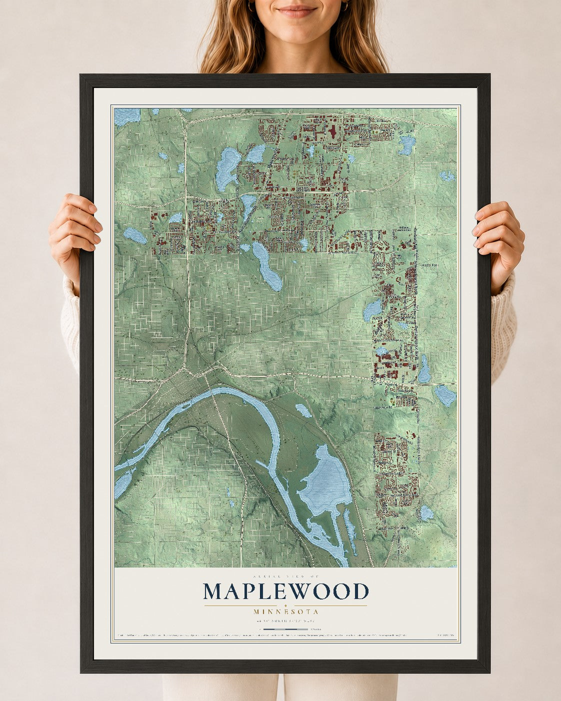 Map of Maplewood, Minnesota, 24 x 36 inch print in a black wood frame