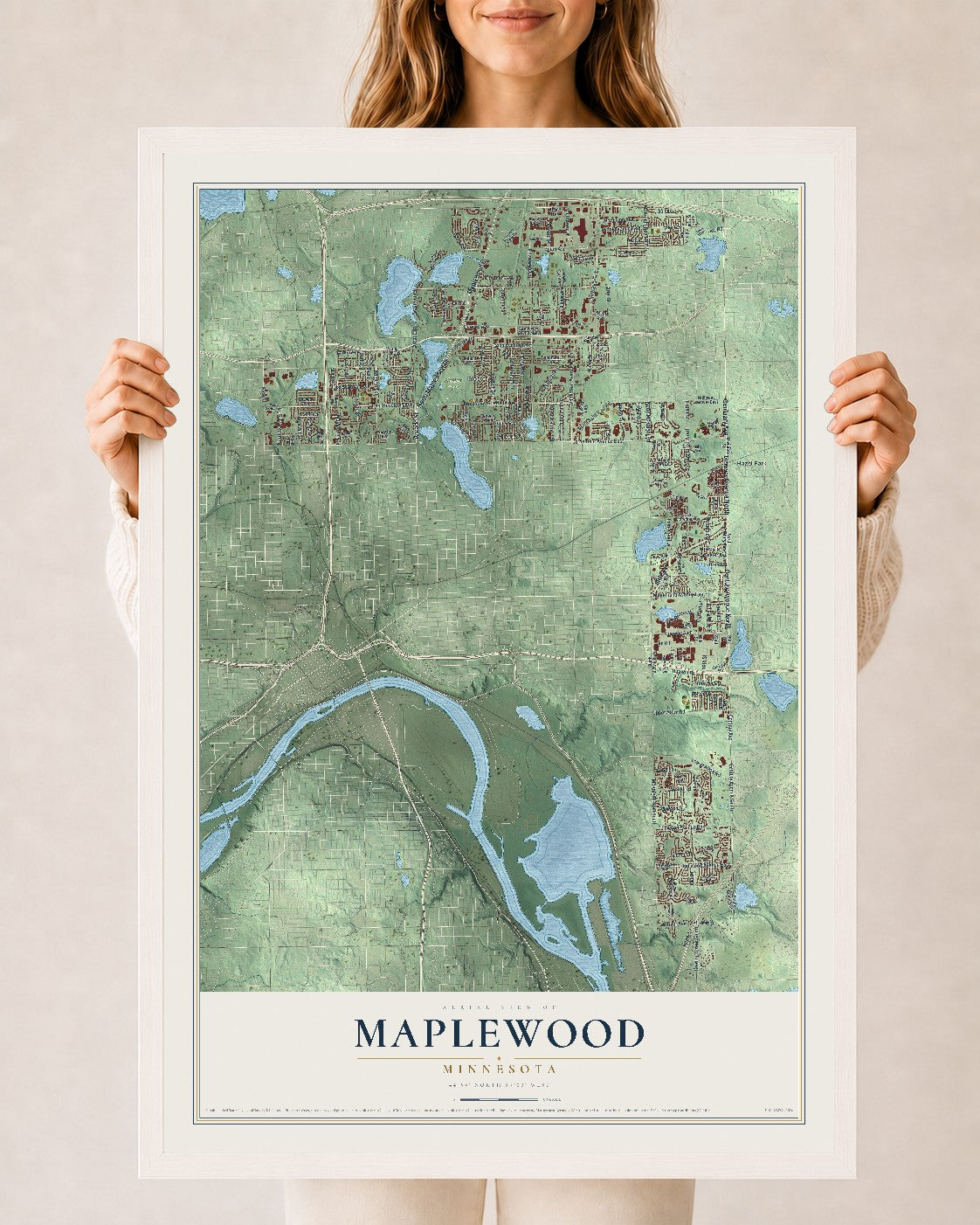 Map of Maplewood, Minnesota, 24 x 36 inch print in a white wood frame