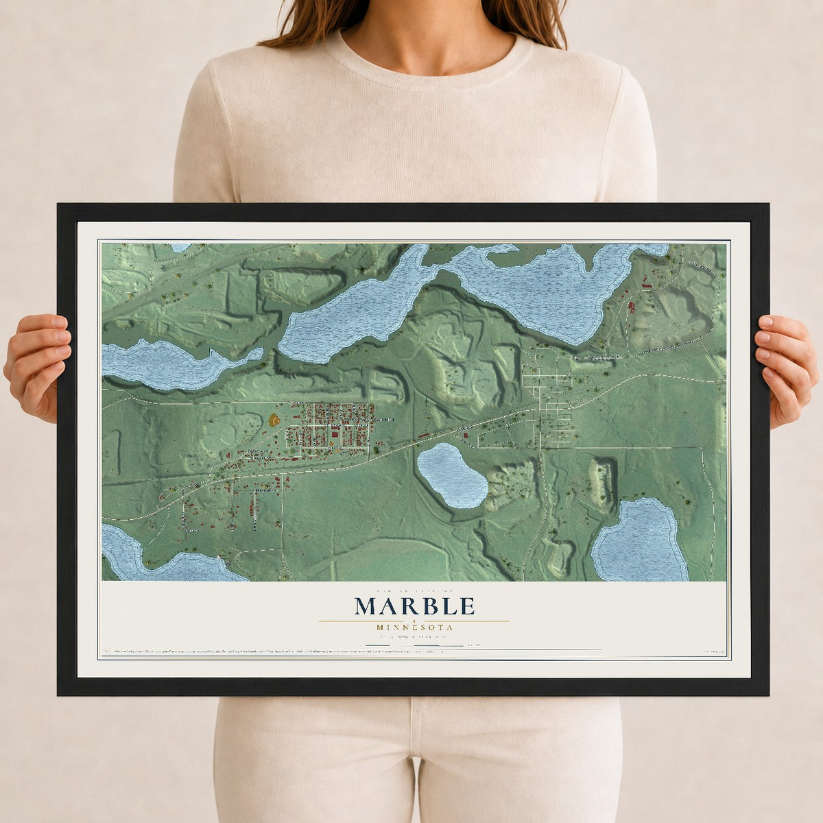 Map of Marble, Minnesota, 12 x 18 inch print in a black wood frame
