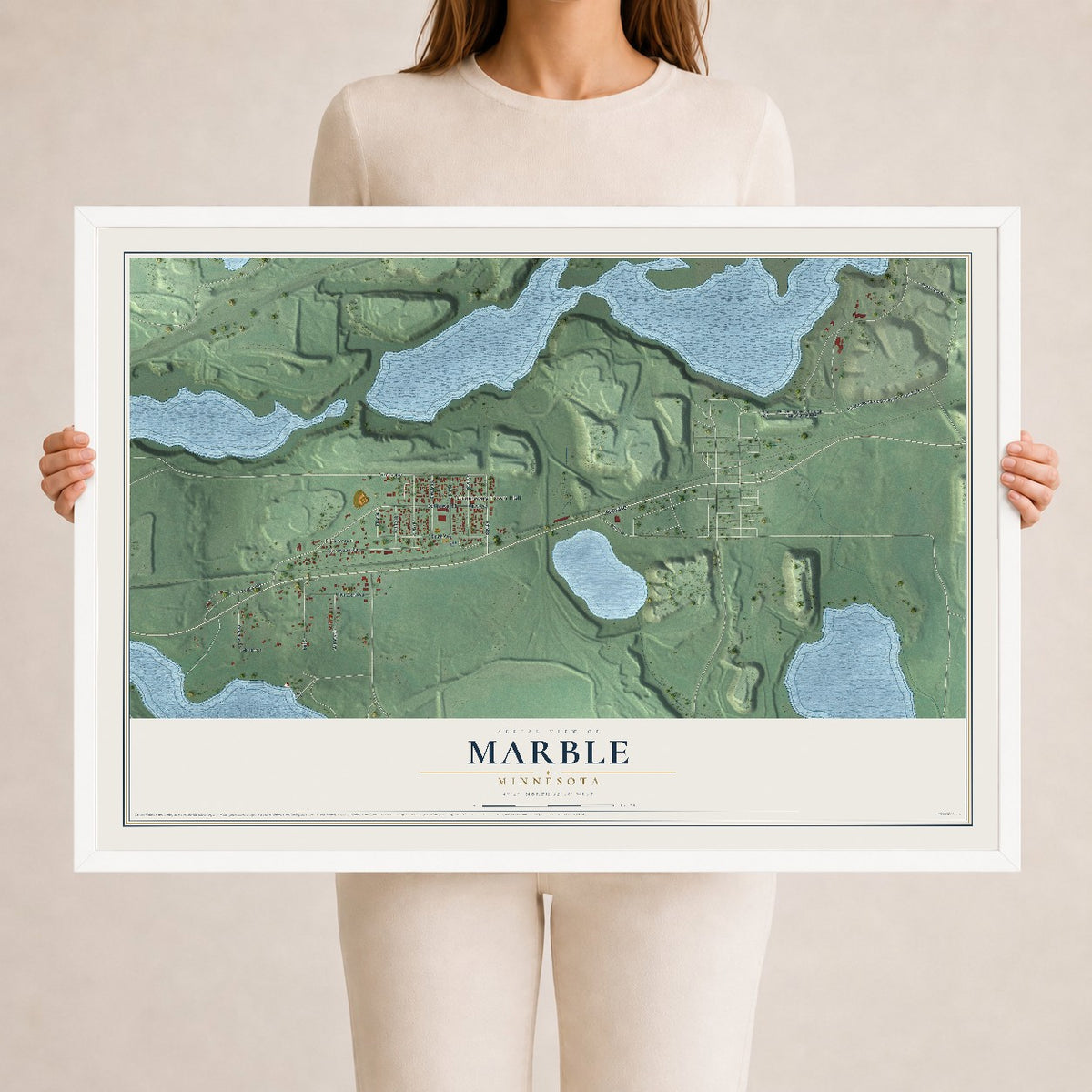 Map of Marble, Minnesota, 24 x 36 inch print in a white wood frame