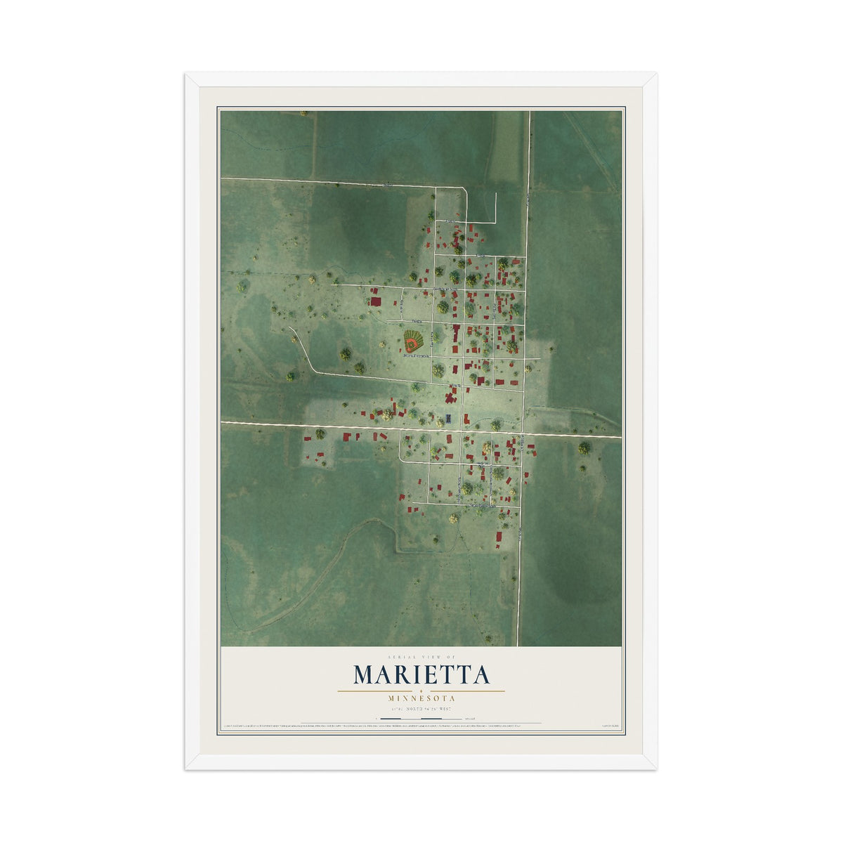 Map of Marietta, Minnesota, 12 x 18 inch print in a white wood frame