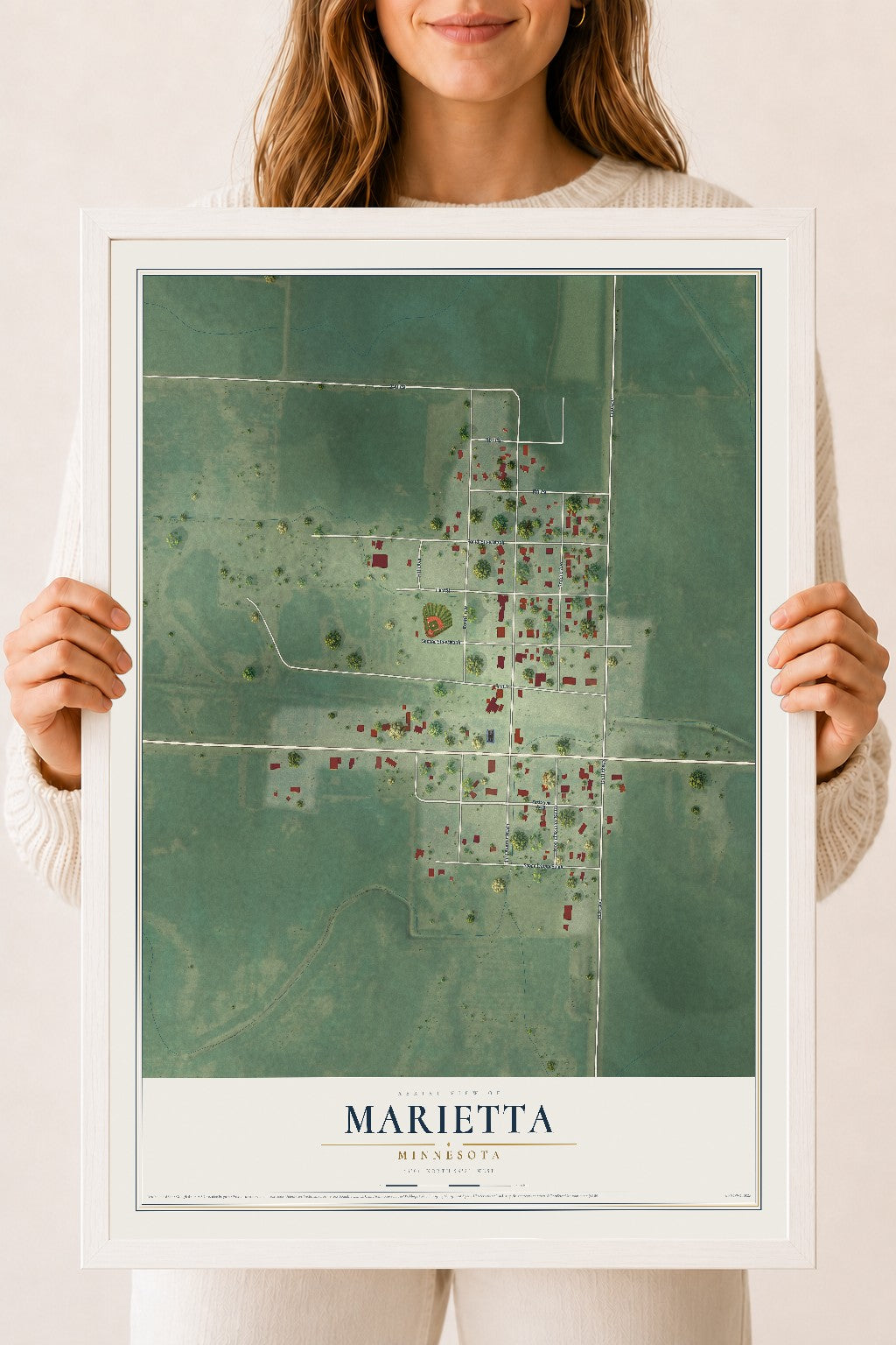 Map of Marietta, Minnesota, 18 x 24 inch print in a white wood frame