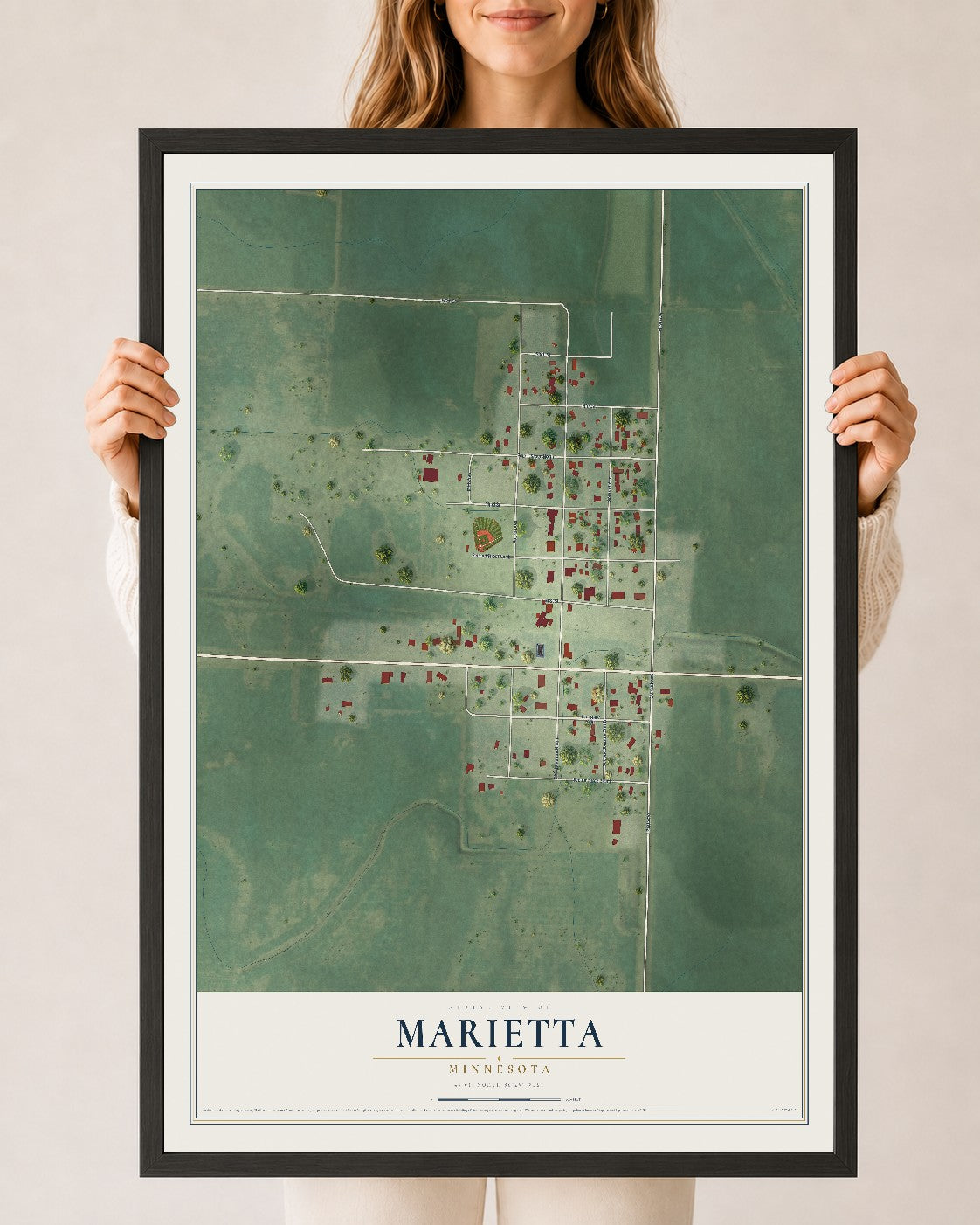 Map of Marietta, Minnesota, 24 x 36 inch print in a black wood frame