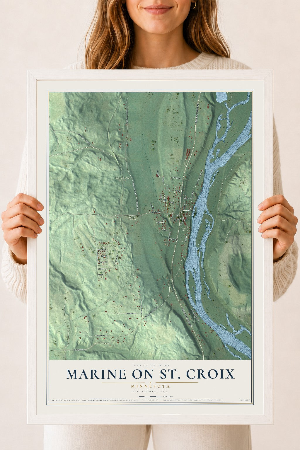 Map of Marine on St. Croix, Minnesota, 18 x 24 inch print in a white wood frame