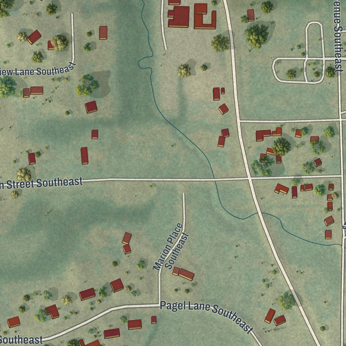Close-up of the map of Marion, Minnesota print showing street and building detail