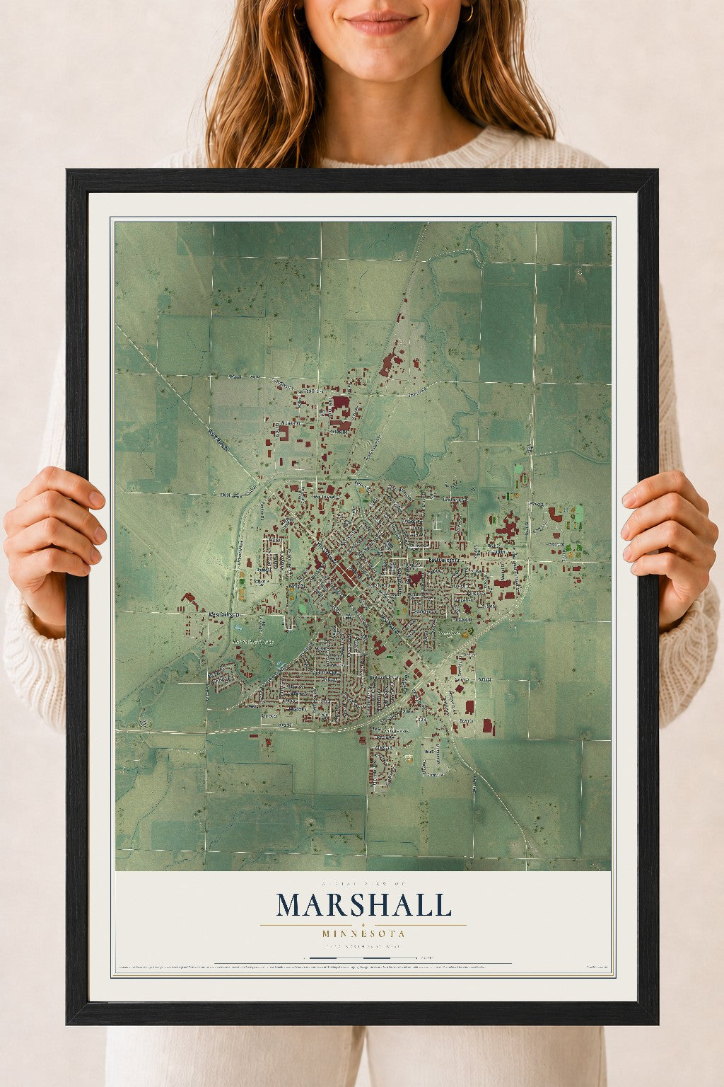 Map of Marshall, Minnesota, 18 x 24 inch print in a black wood frame