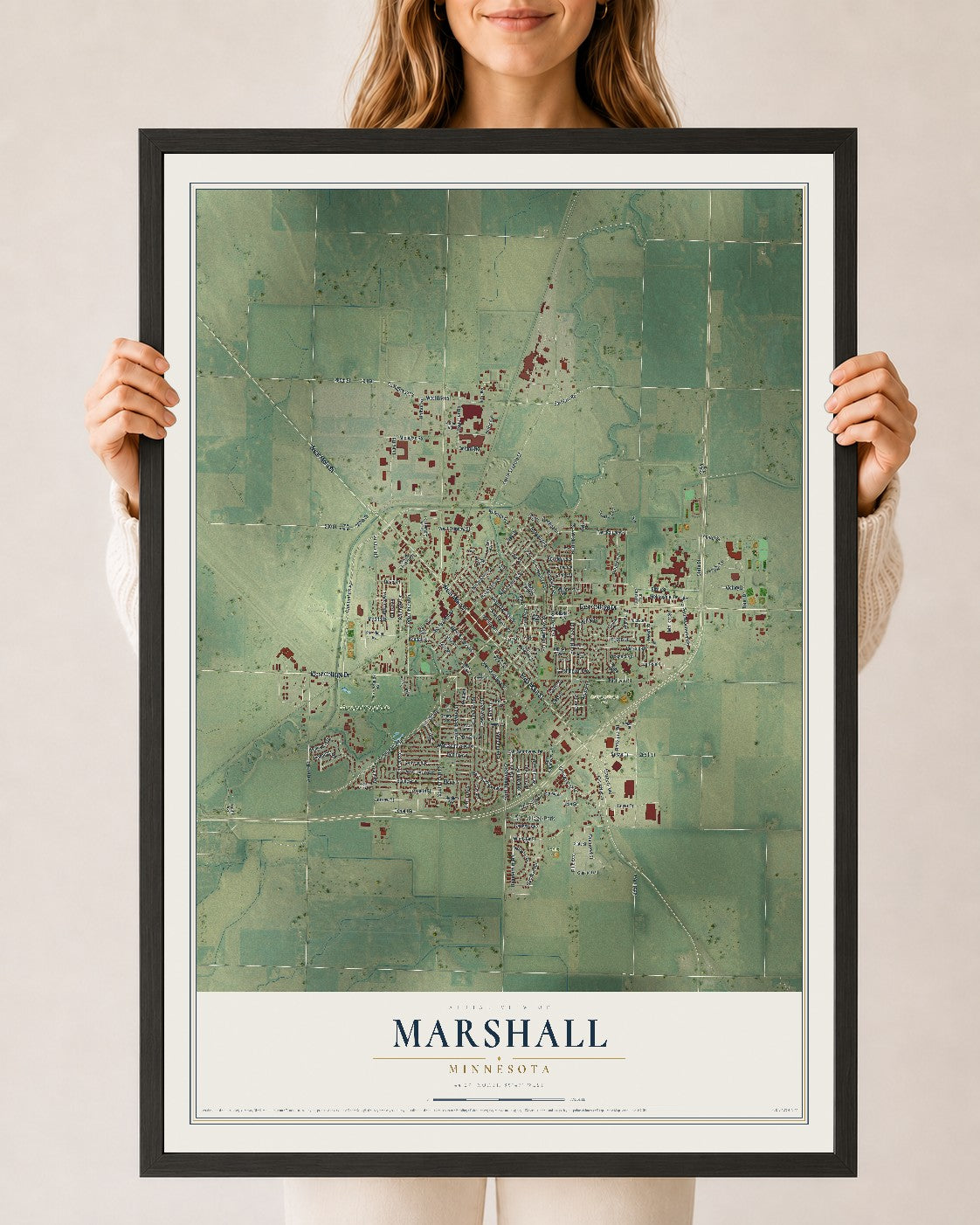 Map of Marshall, Minnesota, 24 x 36 inch print in a black wood frame