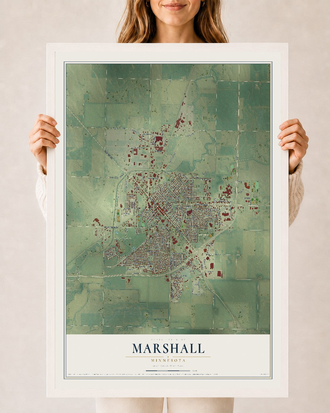Map of Marshall, Minnesota, 24 x 36 inch print in a white wood frame