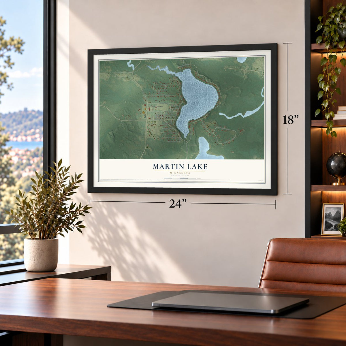 Martin Lake, Minnesota map, 18 x 24 inch print in a black frame in a home office