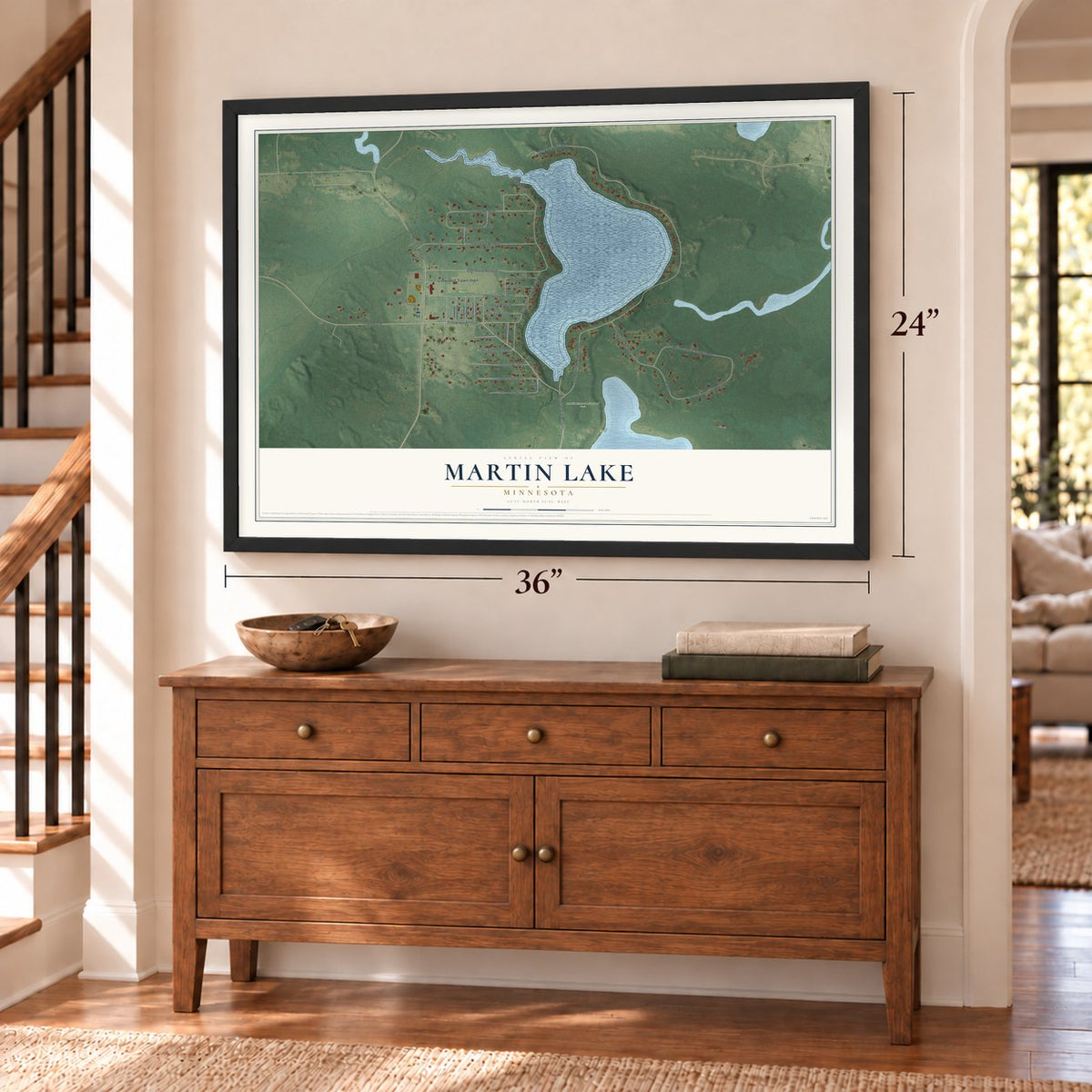 Martin Lake, Minnesota map, 24 x 36 inch print in a black frame above a dresser by a staircase