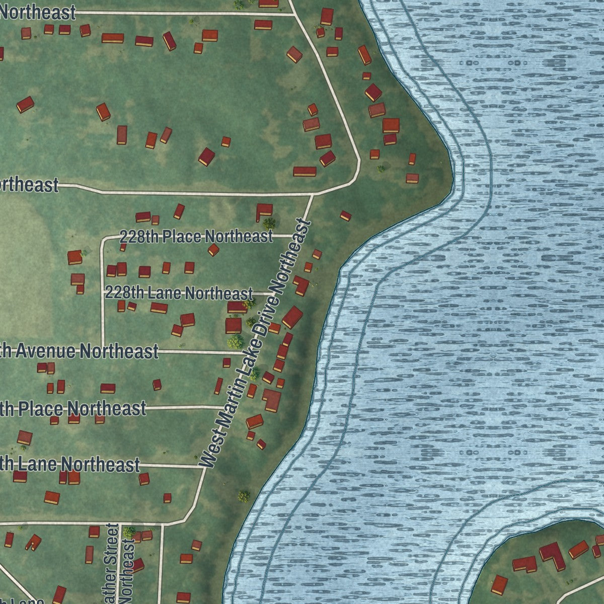 Close-up of the map of Martin Lake, Minnesota print showing street and building detail