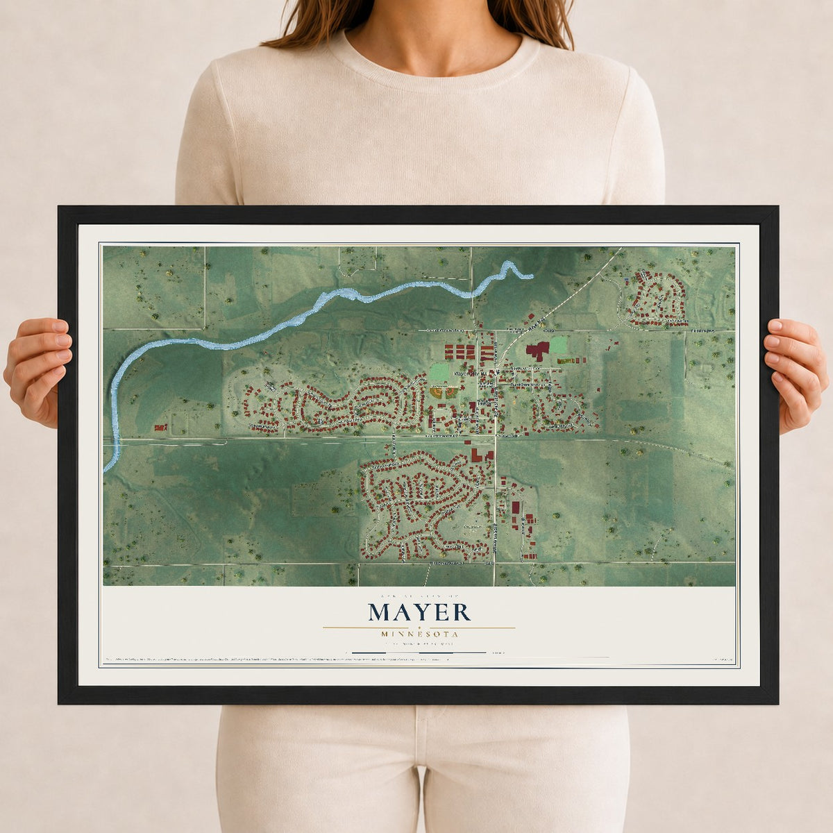 Map of Mayer, Minnesota, 12 x 18 inch print in a black wood frame