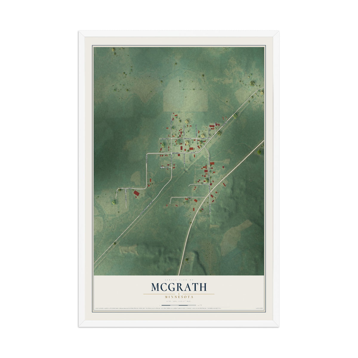 Map of McGrath, Minnesota, 12 x 18 inch print in a white wood frame