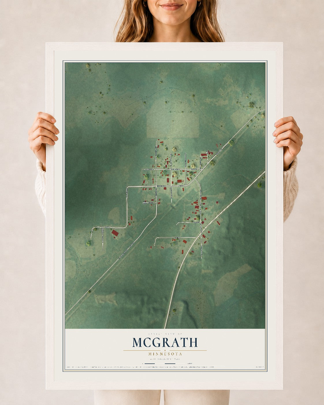 Map of McGrath, Minnesota, 24 x 36 inch print in a white wood frame