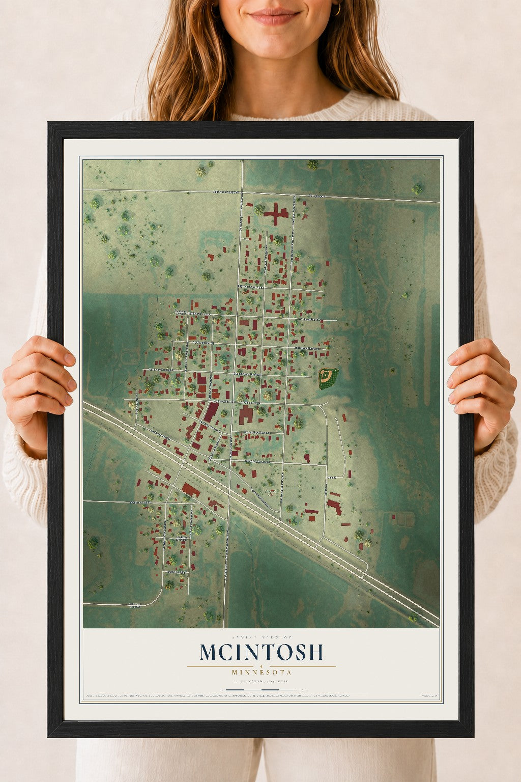 Map of McIntosh, Minnesota, 18 x 24 inch print in a black wood frame
