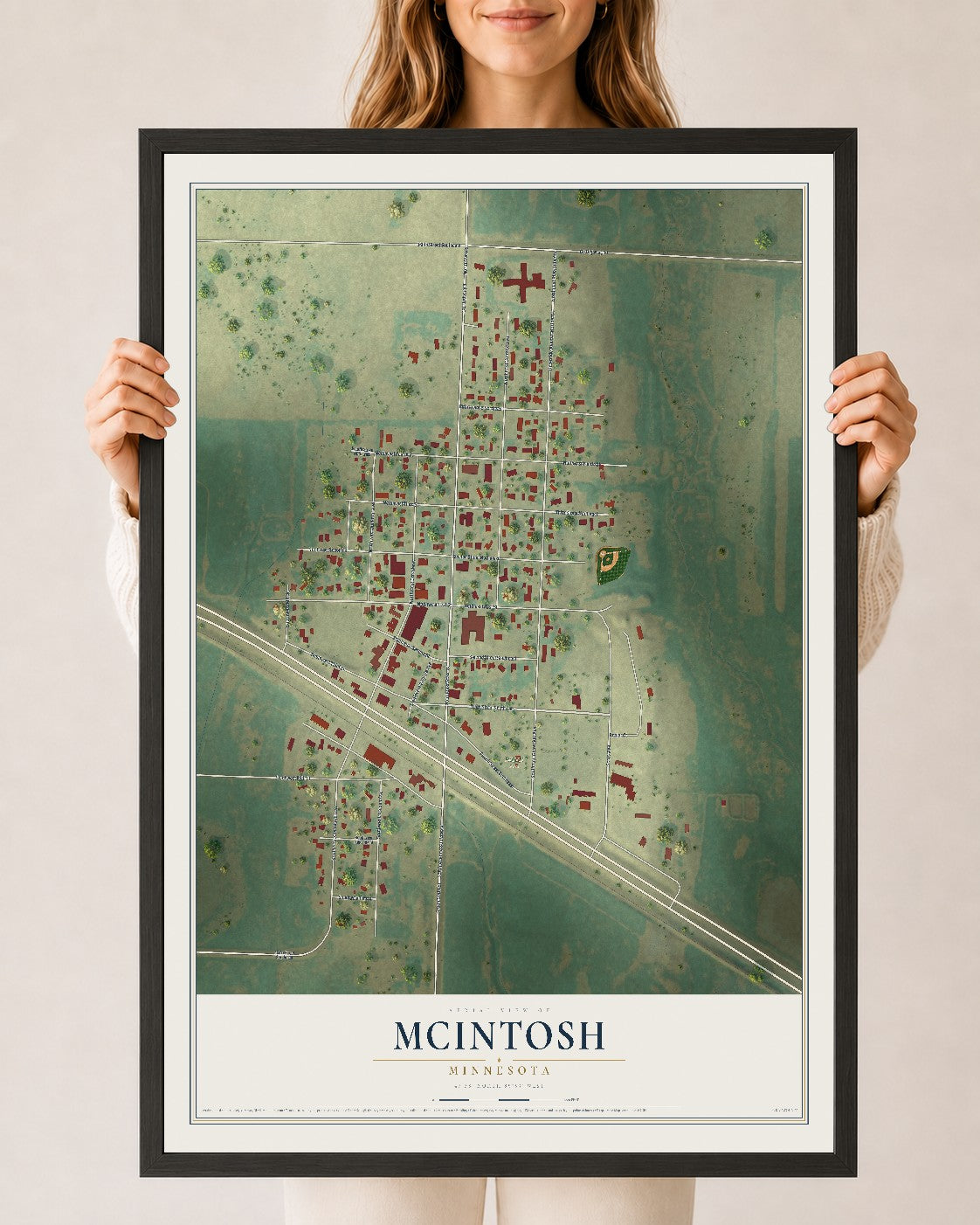 Map of McIntosh, Minnesota, 24 x 36 inch print in a black wood frame