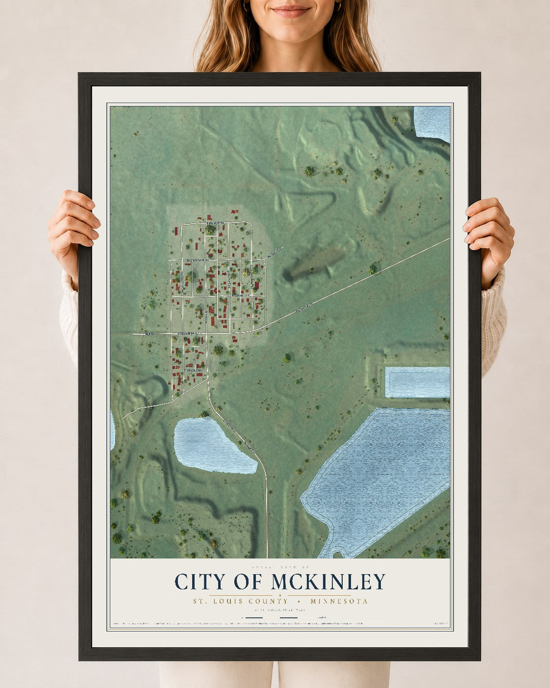 Map of McKinley, Minnesota, 24 x 36 inch print in a black wood frame