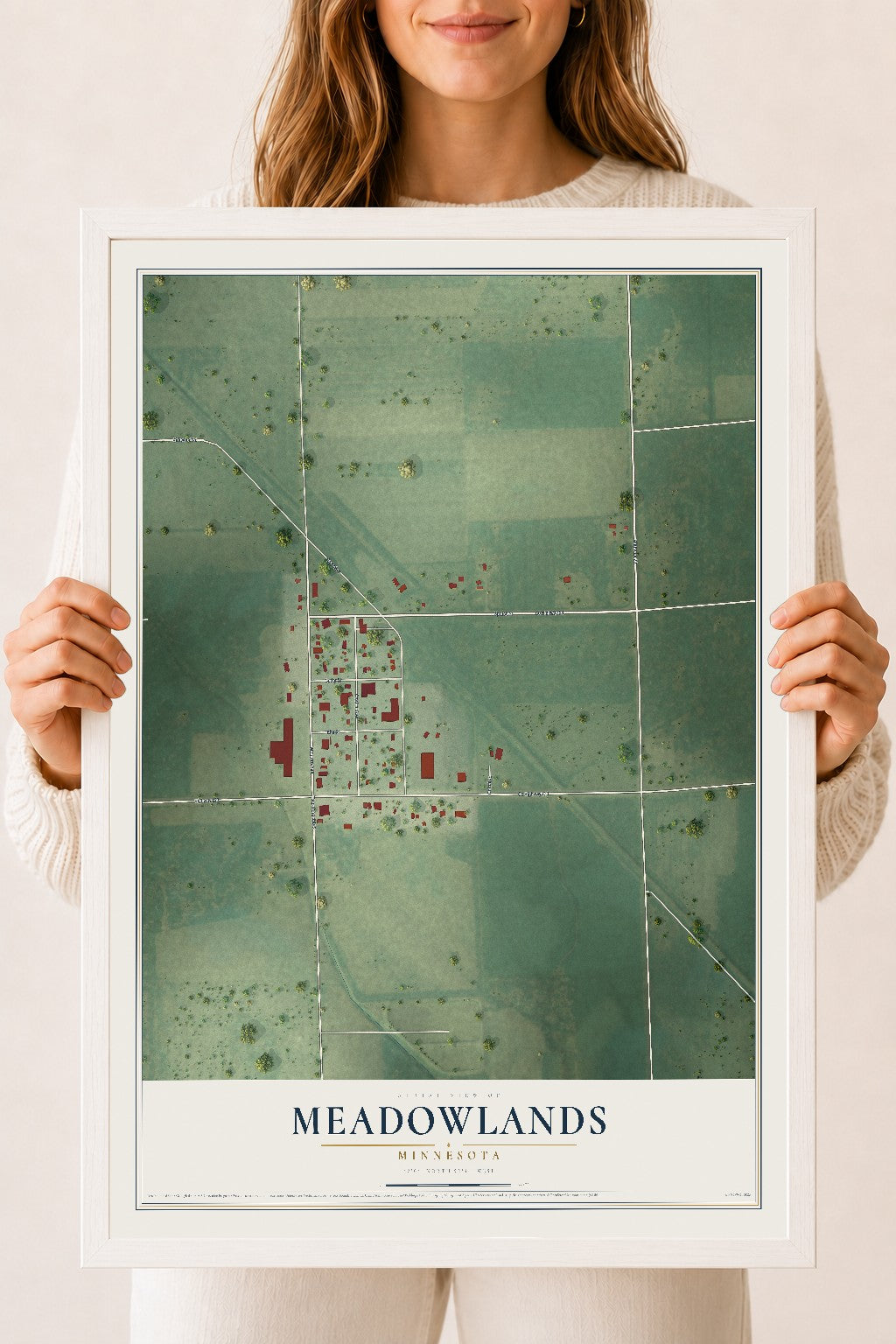 Map of Meadowlands, Minnesota, 18 x 24 inch print in a white wood frame
