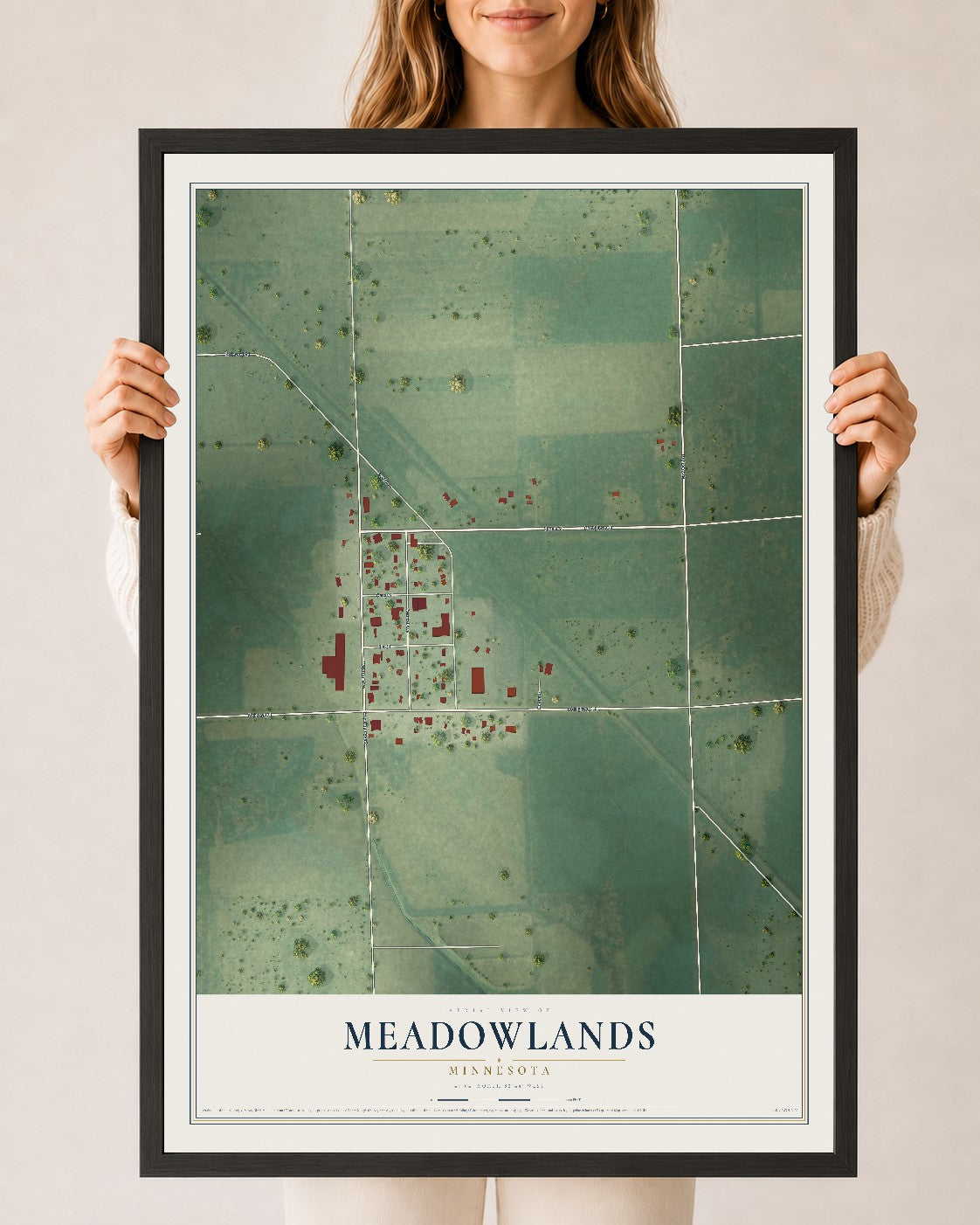 Map of Meadowlands, Minnesota, 24 x 36 inch print in a black wood frame