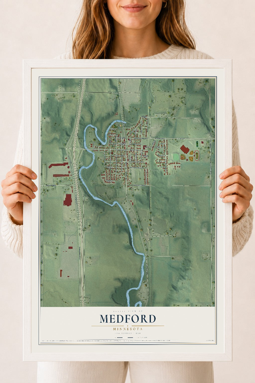 Map of Medford, Minnesota, 18 x 24 inch print in a white wood frame