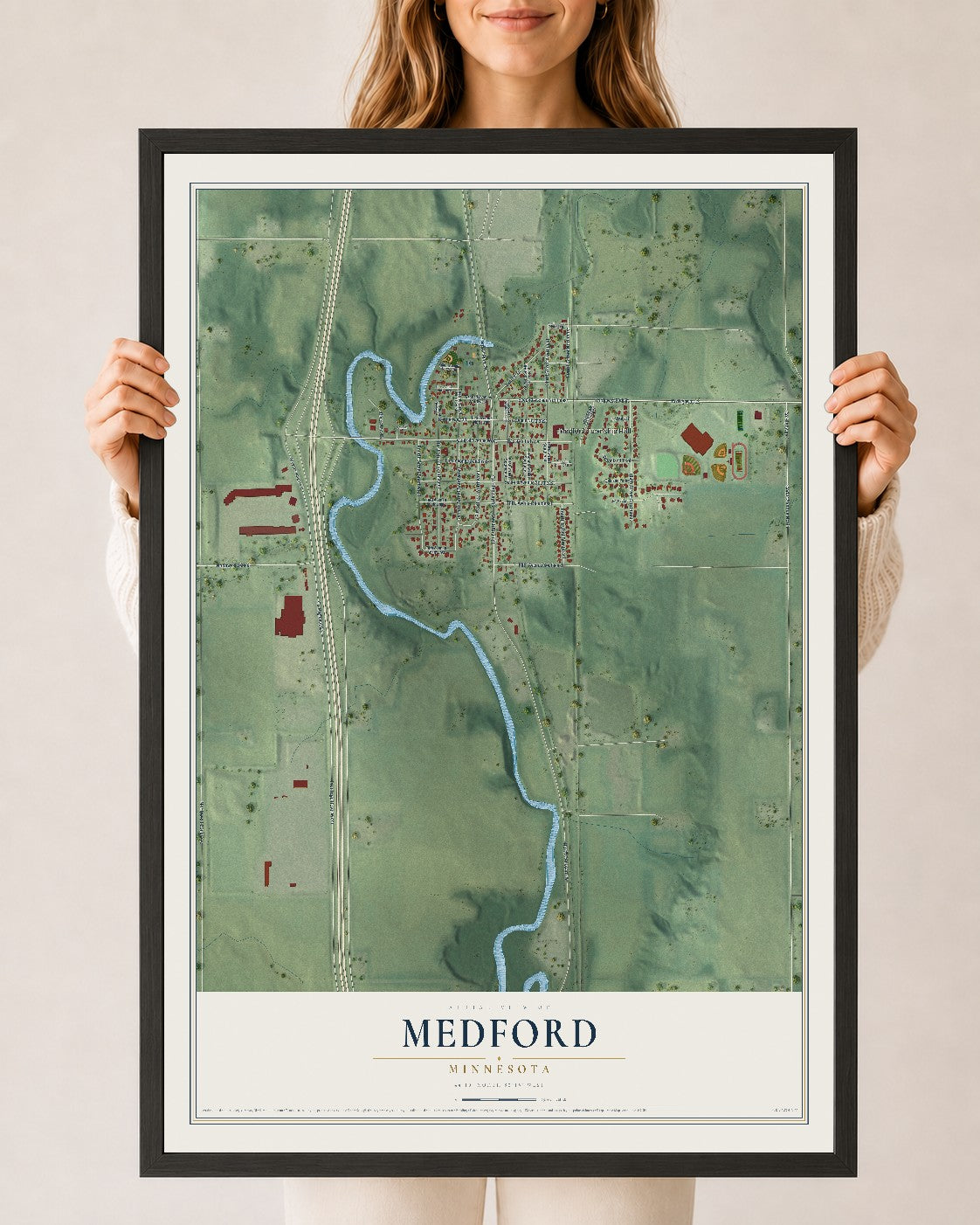 Map of Medford, Minnesota, 24 x 36 inch print in a black wood frame