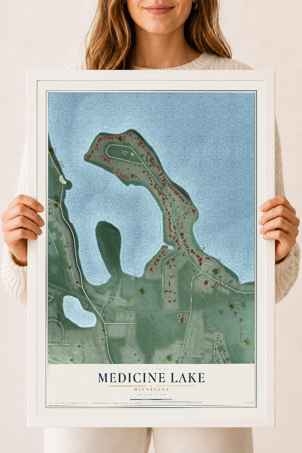Map of Medicine Lake, Minnesota, 18 x 24 inch print in a white wood frame