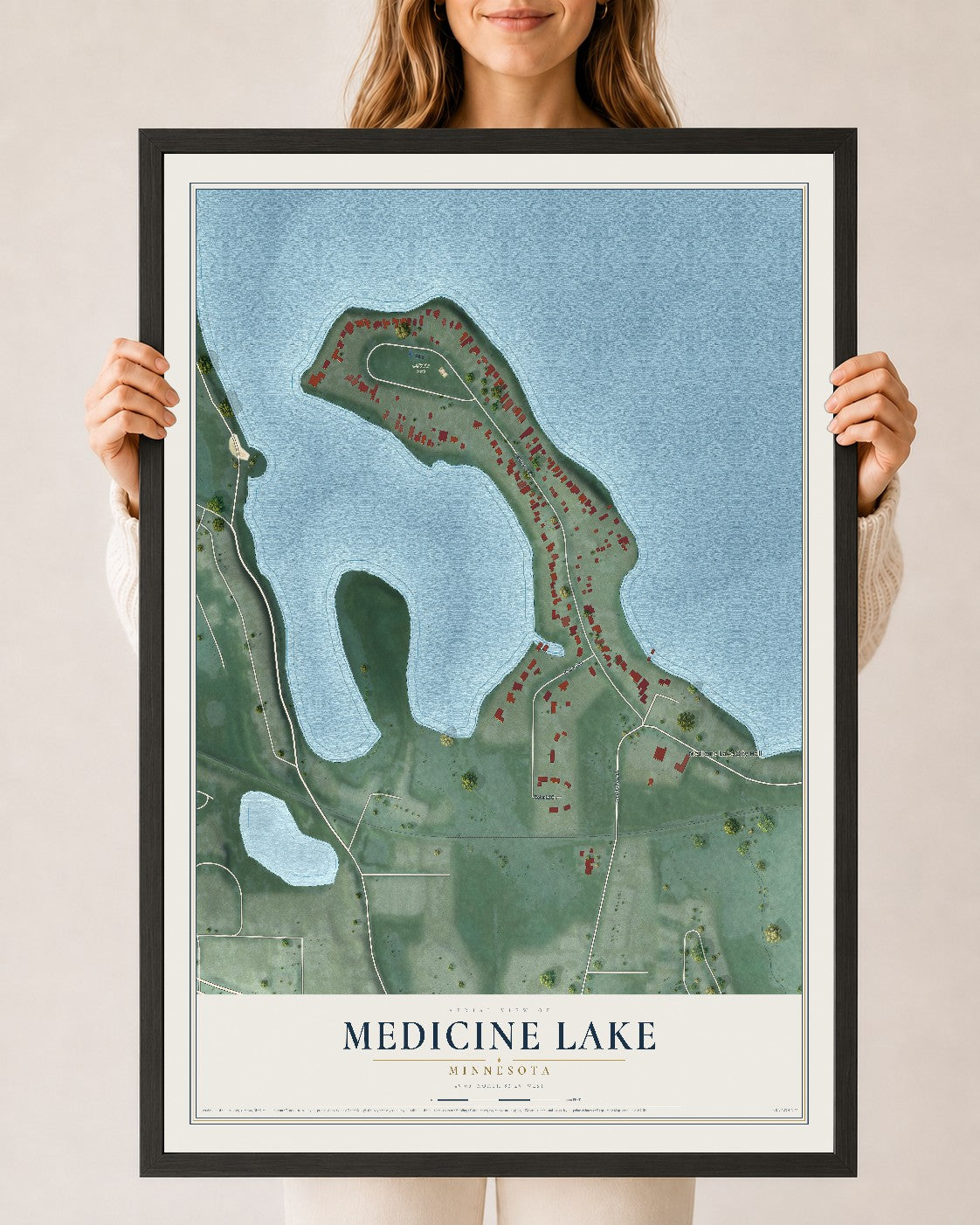Map of Medicine Lake, Minnesota, 24 x 36 inch print in a black wood frame