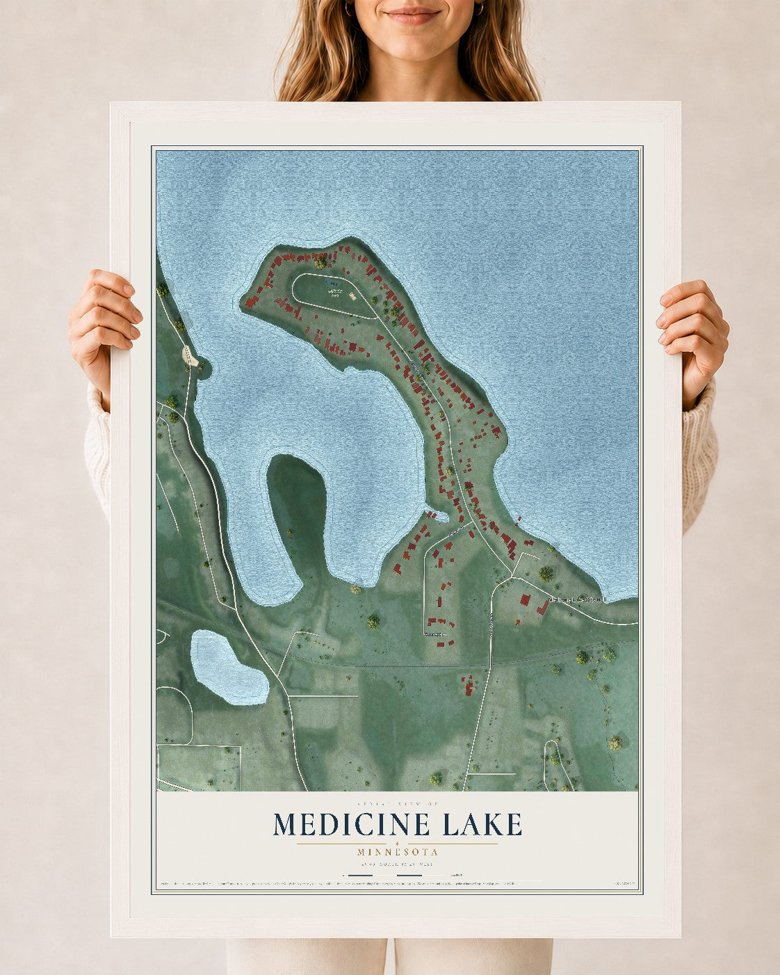 Map of Medicine Lake, Minnesota, 24 x 36 inch print in a white wood frame