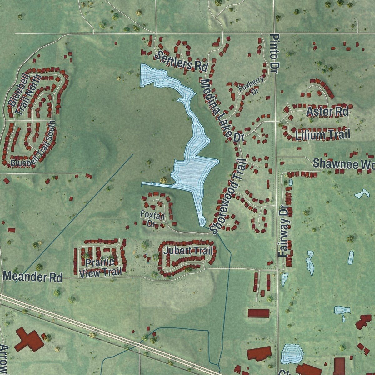 Second close-up of the map of Medina, Minnesota print showing more streets and buildings