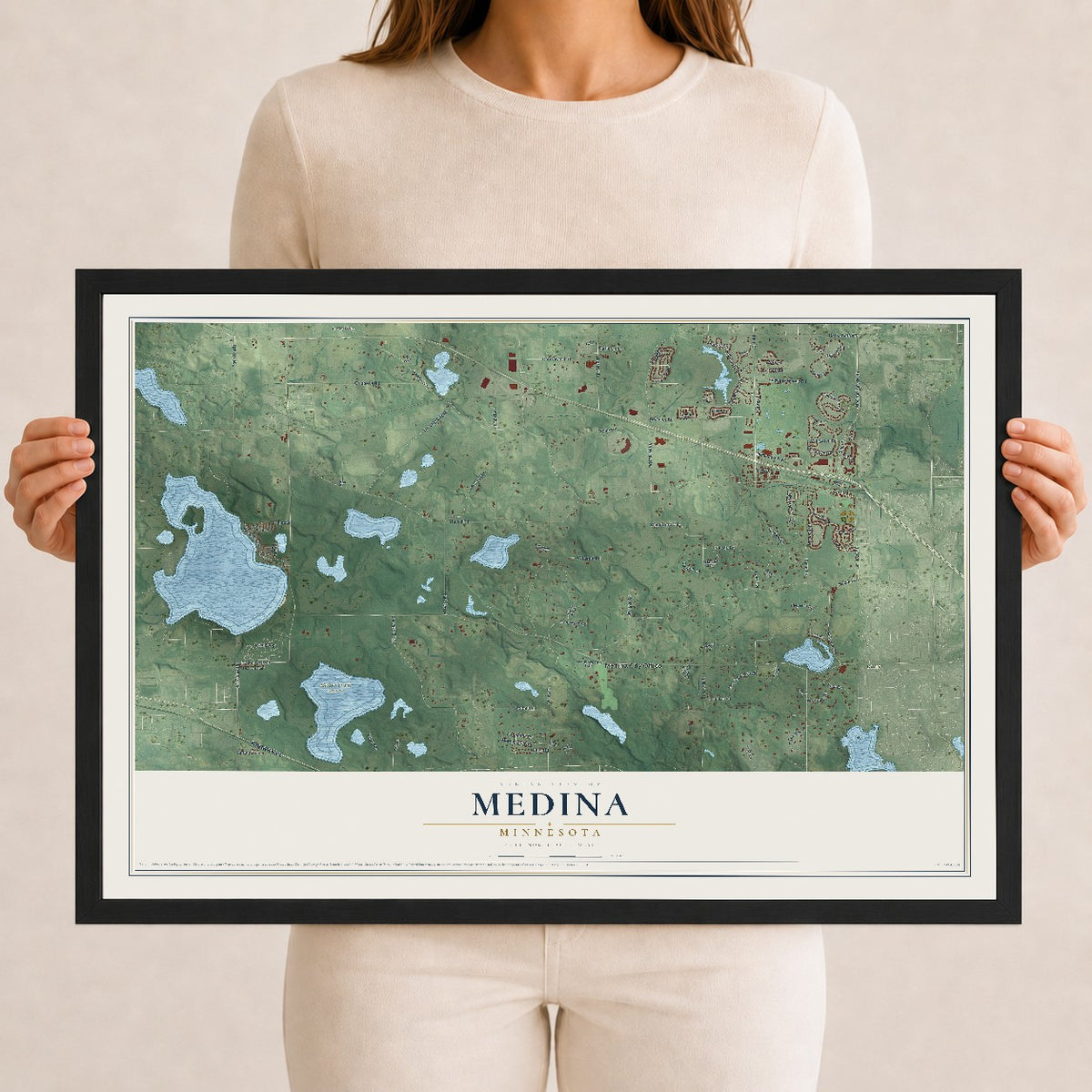 Map of Medina, Minnesota, 12 x 18 inch print in a black wood frame