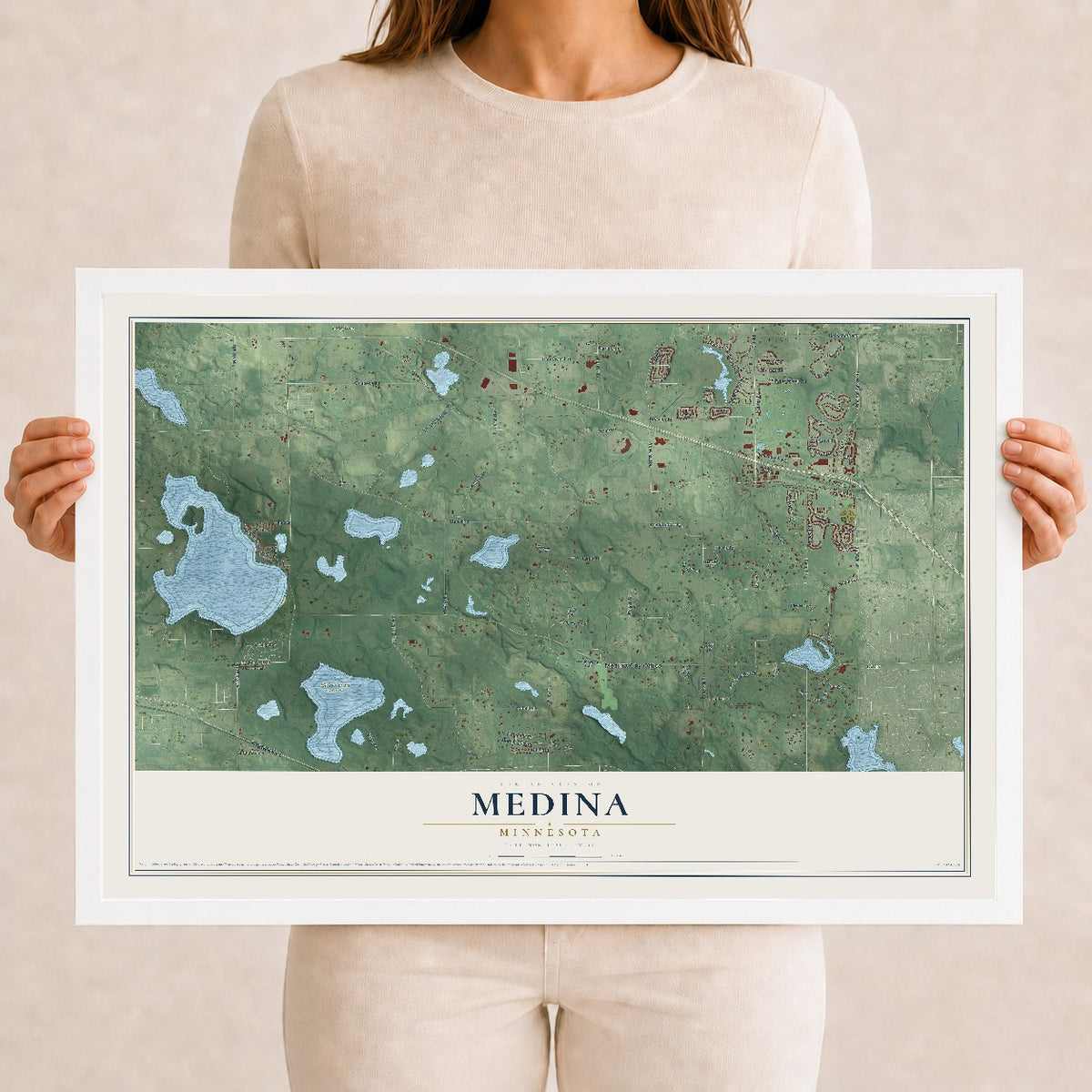 Map of Medina, Minnesota, 12 x 18 inch print in a white wood frame