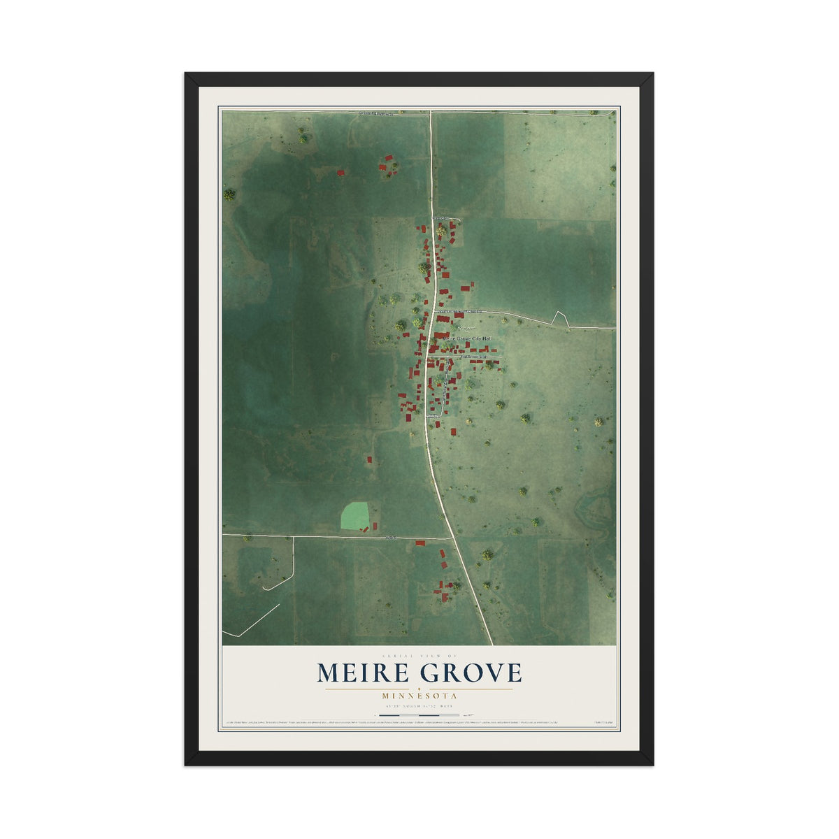 Map of Meire Grove, Minnesota, 12 x 18 inch print in a black wood frame