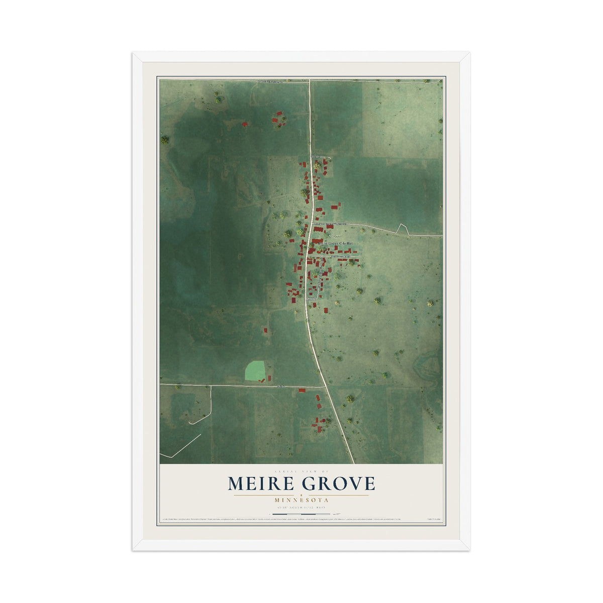 Map of Meire Grove, Minnesota, 12 x 18 inch print in a white wood frame