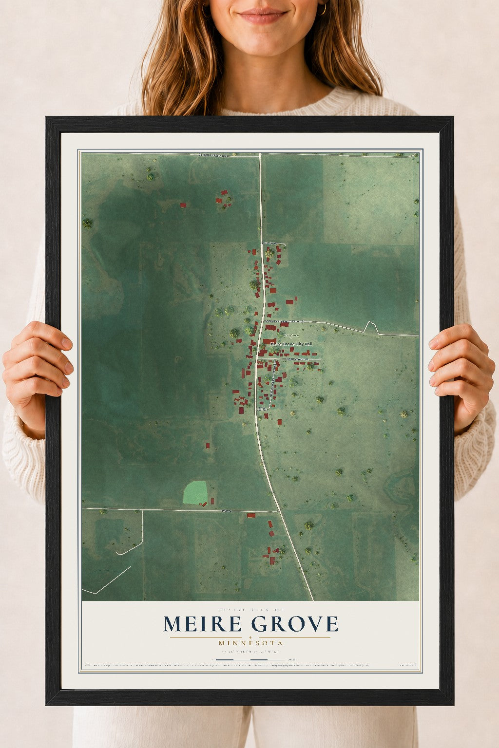 Map of Meire Grove, Minnesota, 18 x 24 inch print in a black wood frame