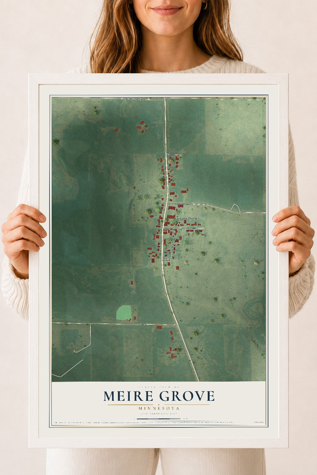 Map of Meire Grove, Minnesota, 18 x 24 inch print in a white wood frame