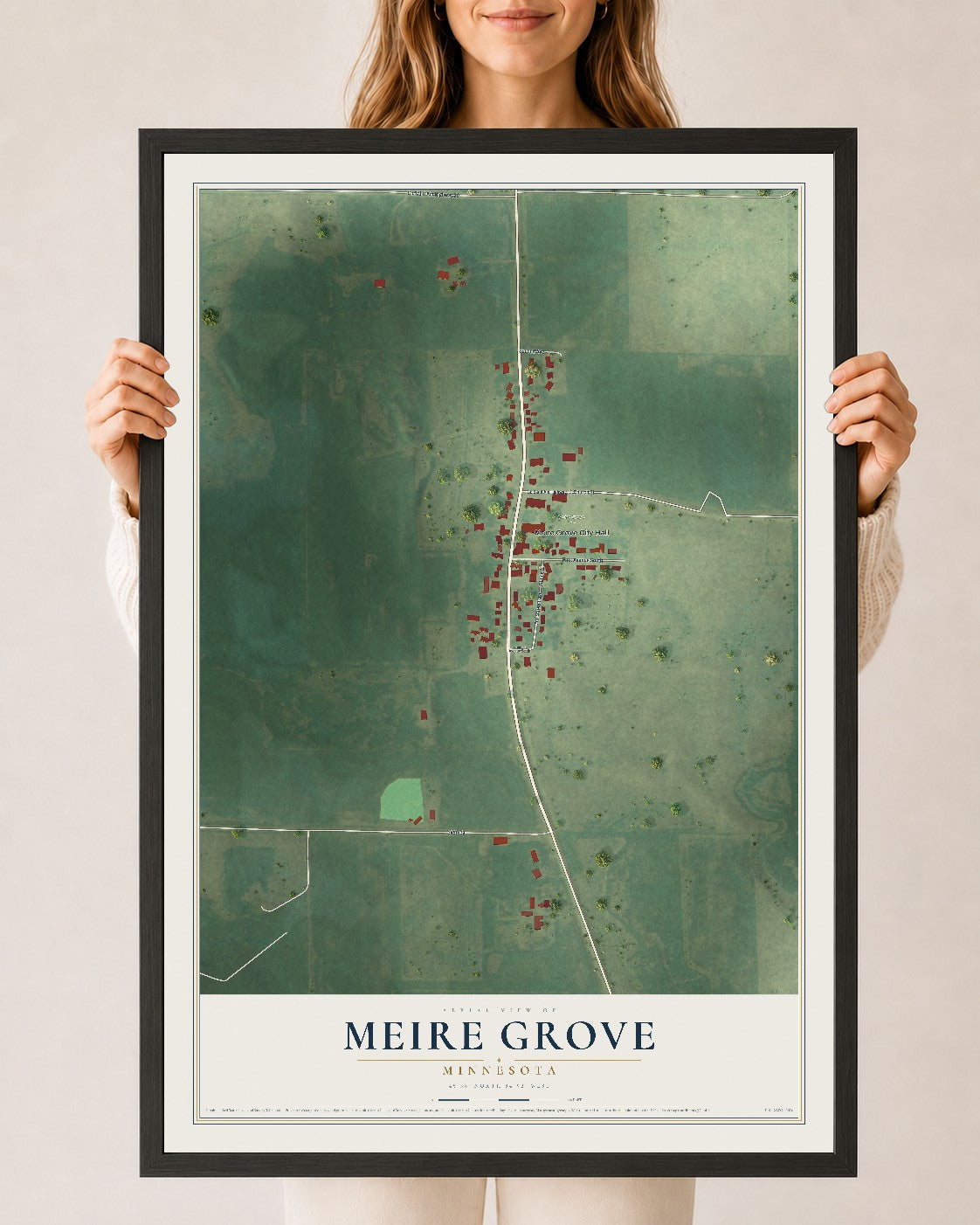 Map of Meire Grove, Minnesota, 24 x 36 inch print in a black wood frame